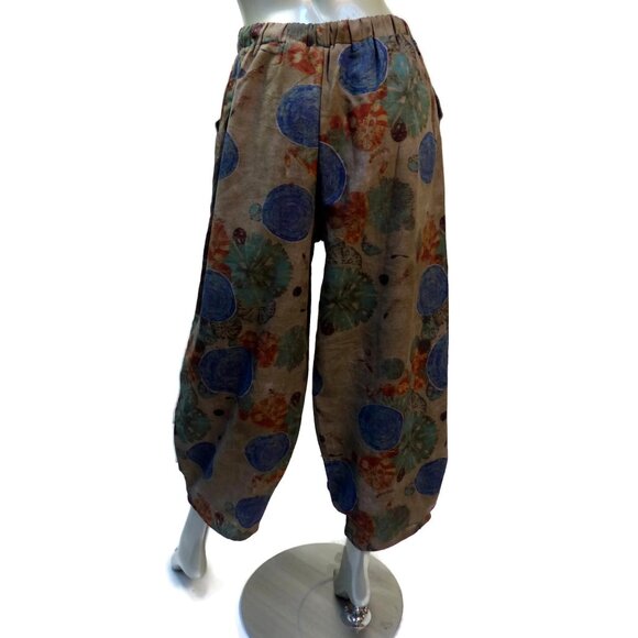 Private Tailor Pleated Cuff Cropped Pants Large Linen Blend Wide Leg Floral - Picture 6 of 7